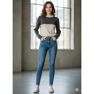 Colorblock Mock Neck Long Sleeve Sweater Women's Beige Charcoal Casual Top‎